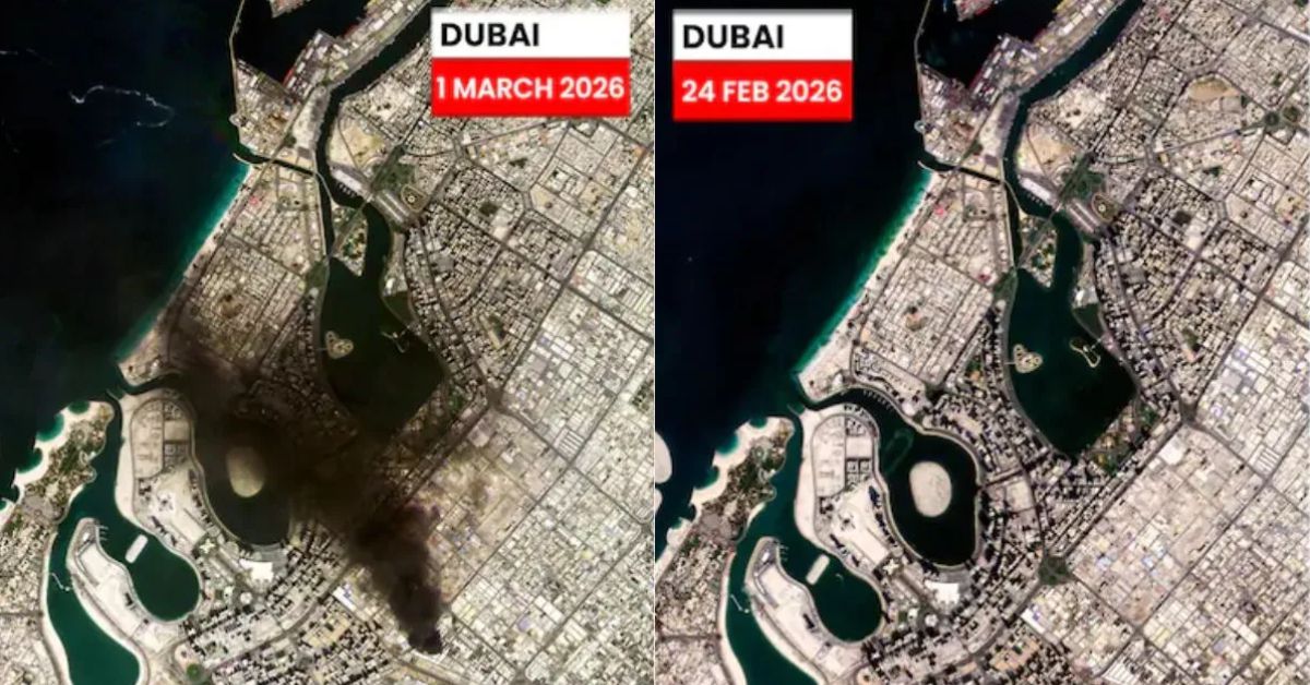 Dubai पर मिसाइल हमलों के बाद सैटेलाइट तस्वीरों में दिखा बदलाव: काले धुएं से घिरा शहर, युद्ध का असर